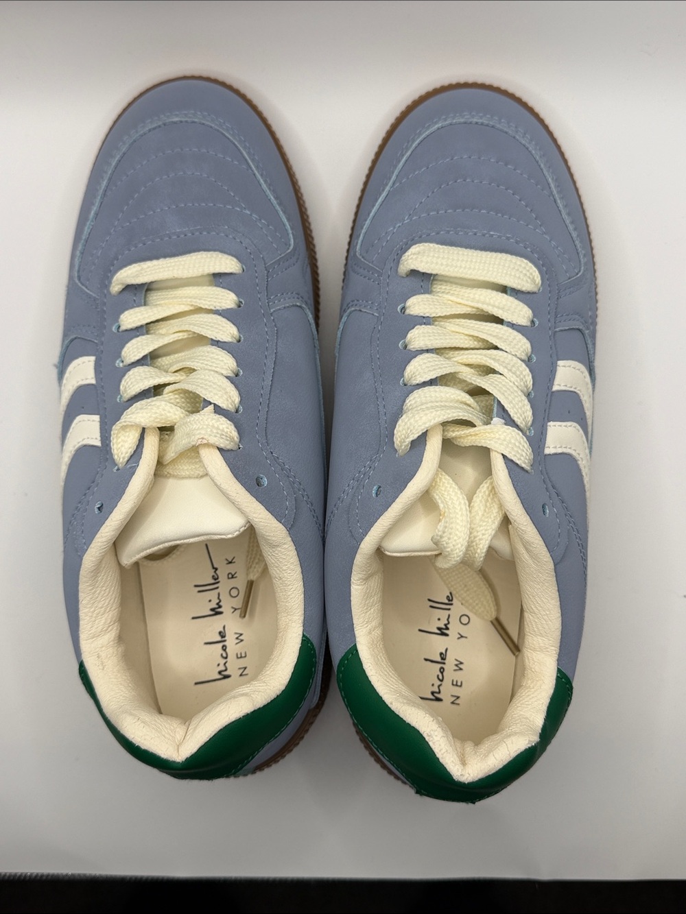 Nicole Miller NY Women's Light Blue Sneakers with Cream Accents and Green Heel